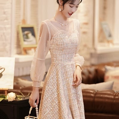 Champagne long sleeve party dress, beautiful a-line prom dress - Thumbnail 1