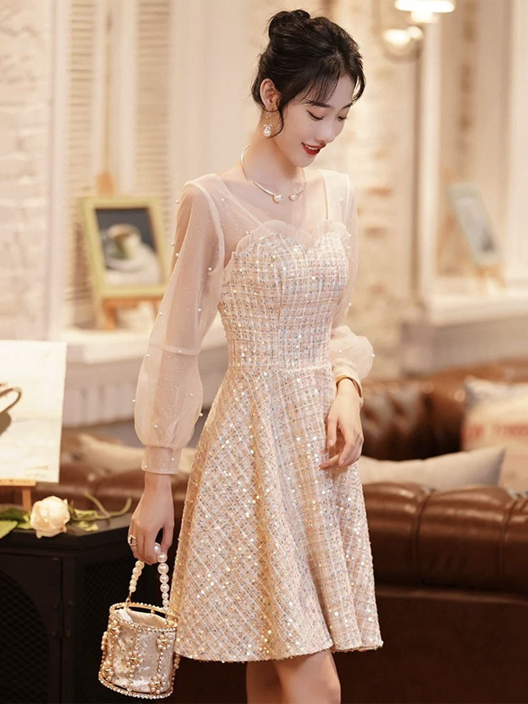 Champagne Long Sleeve Party Dress, Beautiful A-Line Prom Dress