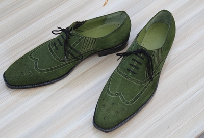 Crafted Leather Classic Green Suede Leather Wingtip Oxford Dress Shoes