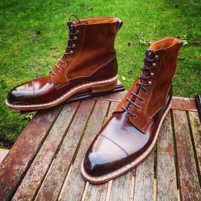 Men Two Tone Brown Suede Lace up Ankle High Boot