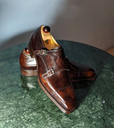 Brown Patina Leather Double Monk Strap Dress Shoes For Men