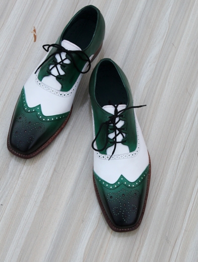 Crafted Leather Men’s Classic Ghillie Lacing Green White Leather Wing Tip Dress Shoes