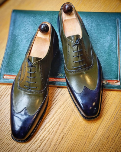 Handmade Men Blue Green Leather Wingtip Oxford Dress Shoes