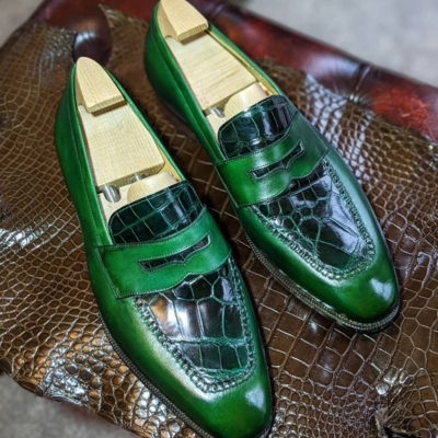 Handmade green classic crocodile/alligator moccasin loafers dress shoes - Thumbnail 2