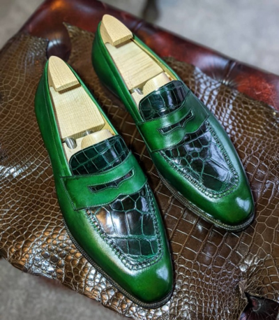 Handmade Green Classic Crocodile/Alligator Moccasin Loafers Dress Shoes
