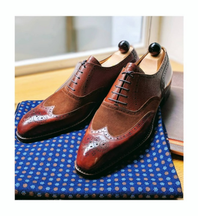 Handmade Men Cognac Calf and Suede Leather Wingtip Oxford Dress Shoes