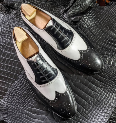 Handmade Men Black White Calf Leather Oxford Wingtip Lace up Dress Shoes