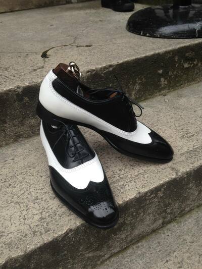 Handmade Men Black White Calf Leather Oxford Wingtip Lace up Dress Shoes