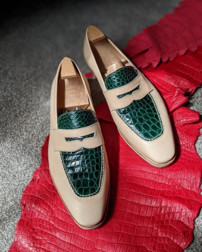 Handmade Men Cream Calf Green Crocodile Leather Moccasin Loafers Dress Shoes