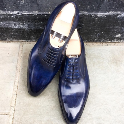 Handmade men blue patina leather dress shoes - Thumbnail 1