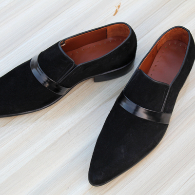 Crafted leather classic black suede leather pointed toe loafers dress shoes - Thumbnail 3