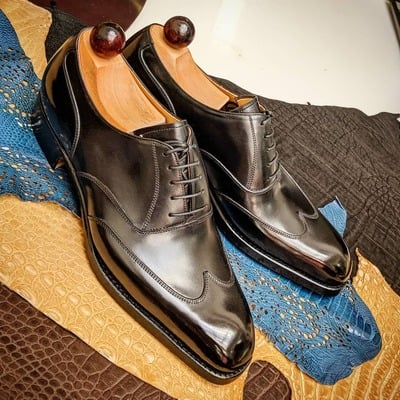 Handmade Men Black Calf Leather Oxford Wingtip Dress Shoes