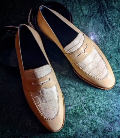 Handmade Men Cream Calf Crocodile Leather Moccasin Loafers Dress Shoes