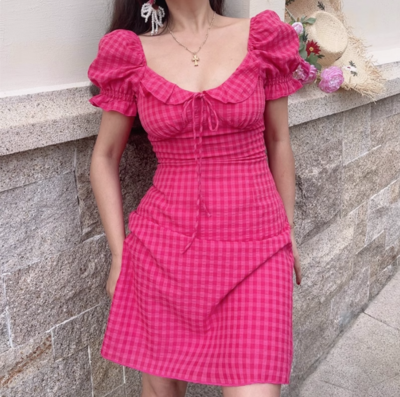 Rose Red Square Neck High Waist Slim Fit Plaid Girl Sweet and Spicy Dress