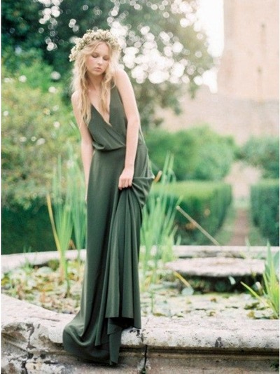 A-Line Dark Green Spaghetti Straps Backless Sweep Train Chiffon Bridesmaid Dress,PD231254