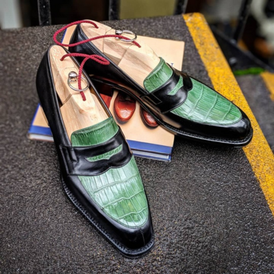 Handmade Men Black Calf Green Crocodile Leather Moccasin Dress Shoes