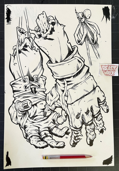 ZOMBIE CAGE FIGHTER: FIGHT GLOVES pencil OR ink artwork