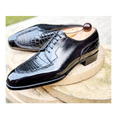 Handmade Men Black Calf Black Crocodile/Alligator Leather Dress Shoes