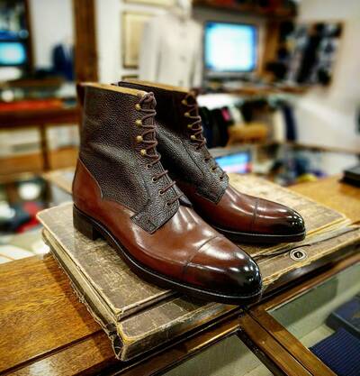 Handmade Men Brown Grain Leather Ankle High Lace up Boot
