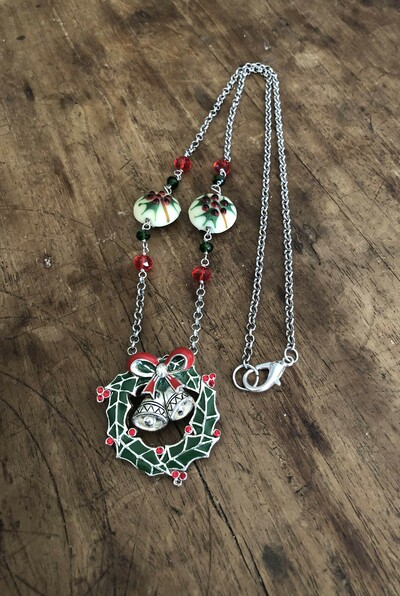 Christmas Wreath and Bells Necklace
