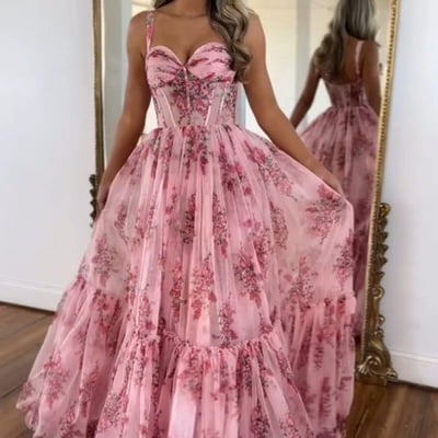 Pink floral prom dresses floor length - Thumbnail 1