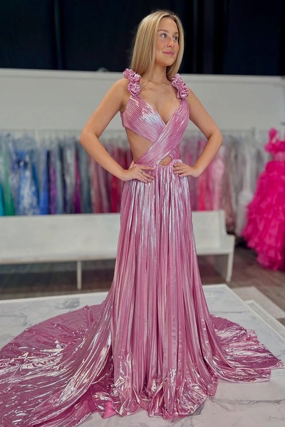 Cute A Line Pink Pleat Metallic Satin V Neck Long Prom Dress,PD231261