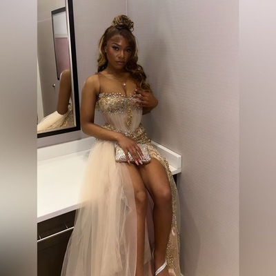 Sheer Neck Prom Dresses Slit Side with Rhinestones