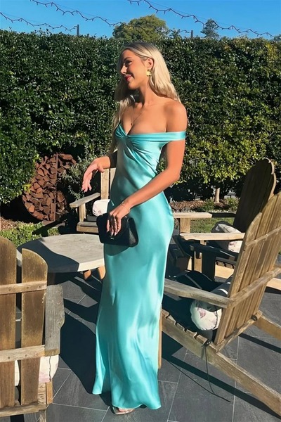 Charming Sheath Off the Shoulder Mint Silk Satin Long Prom Dress ,PD231264