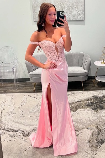 Charming Off the Shoulder Pink Satin Mermaid Prom Dress with Slit ,PD231265