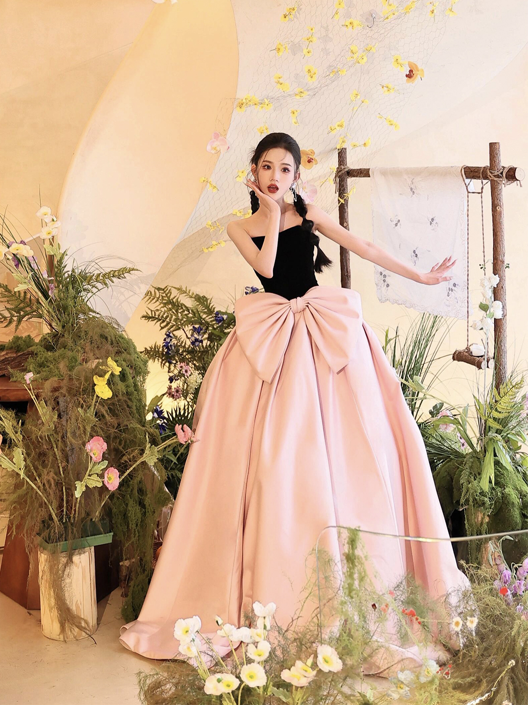 Black Velvet and Pink Satin Long Prom Party Dress