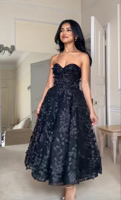 Black Tea-length Lace Prom Dress Formal Evening Dresses