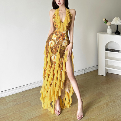 Boho Yellow Ruffle Irregular Maxi Dress