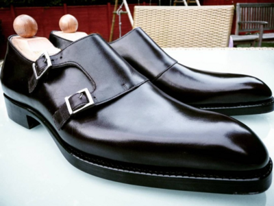 Handmade Men Black Calf Leather Monk Strap Dress Shoes