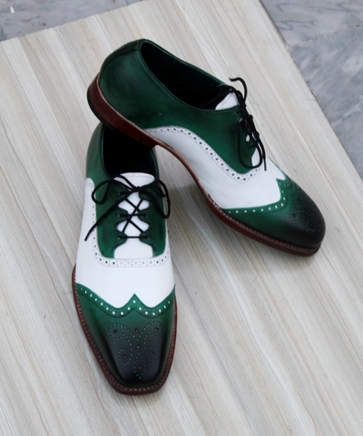 Crafted Leather Men’s Classic Ghillie Lacing Green White Leather Dress Shoes