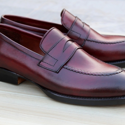 Crafted leather men’s classic burgundy leather moccasin loafers dress shoes - Thumbnail 2