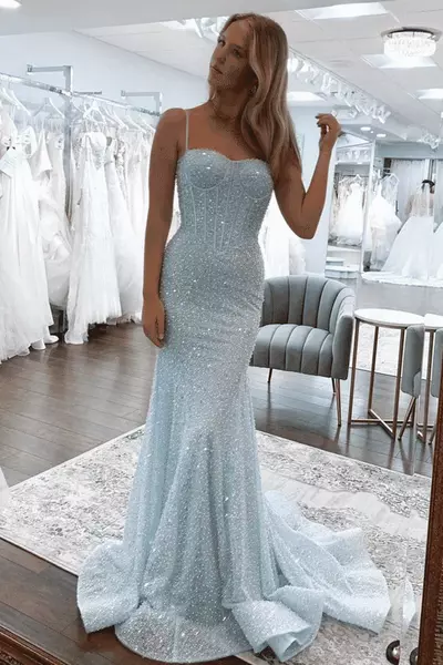 Glitter Mermaid Formal Dress Blue Spaghetti Straps Long