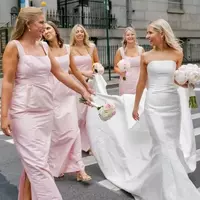 Long Satin Bridesmaid Dress Pink Straps Square Neck Sleeveless - Thumbnail 1