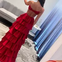 V-Neck Layered Satin Prom Dress Burgundy Spaghetti Straps Slit - Thumbnail 2