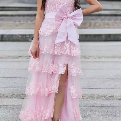 A-line strapless tiered pink formal dress sequins appliques with bow - Thumbnail 1