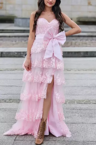 A-Line Strapless Tiered Pink Formal Dress Sequins Appliques with Bow