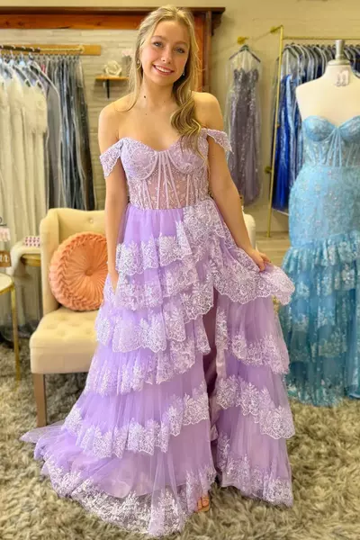 Ruffle Tiered Lilac Formal Dress Sequin Appliques Off-the-Shoulder