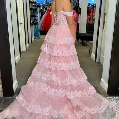 Ruffle pink sequin tiered formal dress appliques off-the-shoulder - Thumbnail 1