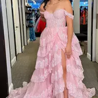 Ruffle Pink Sequin Tiered Formal Dress Appliques Off-the-Shoulder - Thumbnail 1