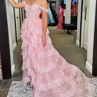 Ruffle Pink Sequin Tiered Formal Dress Appliques Off-the-Shoulder - Thumbnail 6