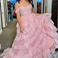 Ruffle Pink Sequin Tiered Formal Dress Appliques Off-the-Shoulder - Thumbnail 7