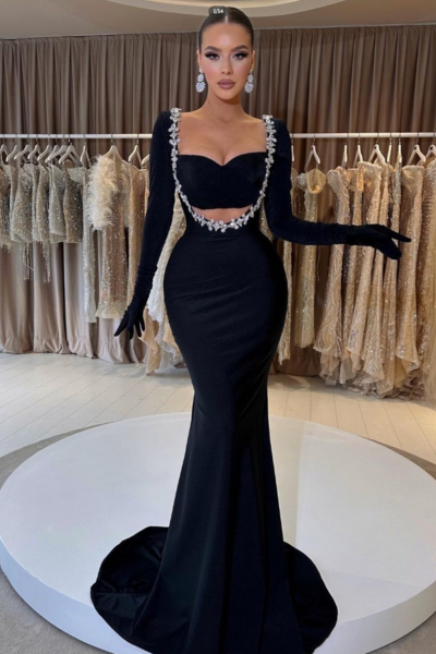 Charming Mermaid Black Long Sleeve Beaded Prom Dresses