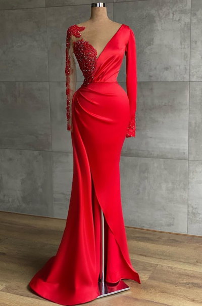Round Neck Long Sleeves Mermaid Red Prom Dresses
