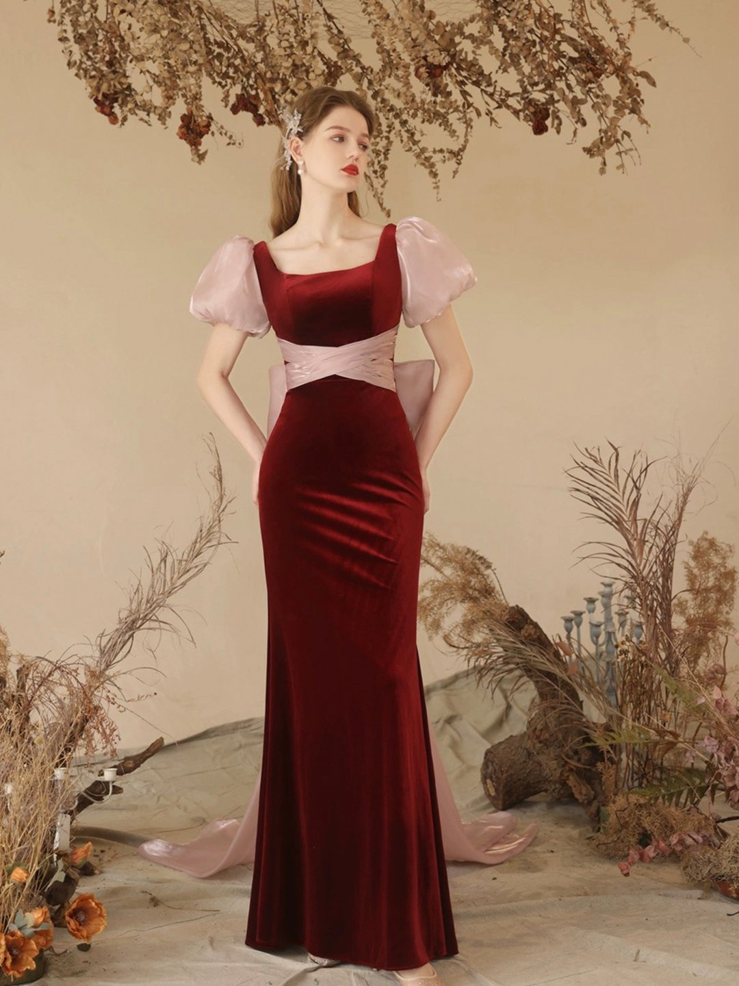 Mermaid Velvet Long Prom Party Dress, Burgundy Evening Dress
