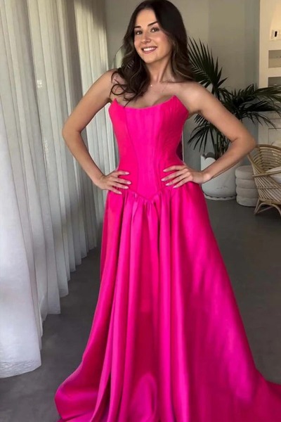 A-Line Hot Pink Strapless Crew Neck Corset Satin Prom Dress ,PD231267