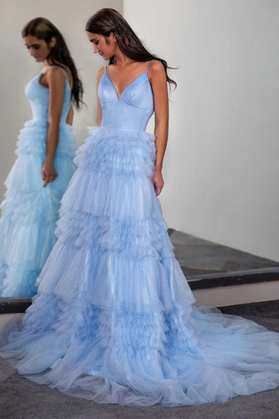 Sparkly Tiered Tulle Light Blue Long Prom Dress Party Dress ,PD231268